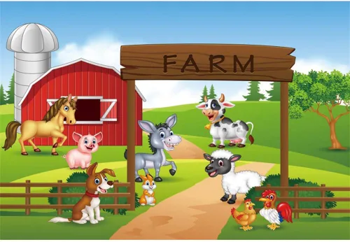 Fondo de fotografía de granja de dibujos animados de 5 x 3 pies, diseño de animales divertidos, temática de fiesta de granja, fondo de cumpleaños