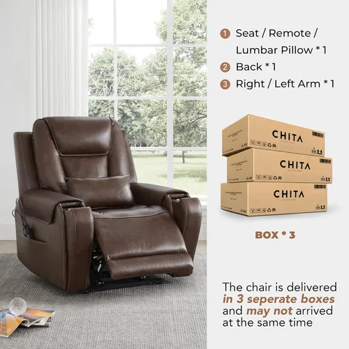Miniatura 14 de CHITA Silla reclinable eléctrica para personas mayores con masaje y calor, silla reclinable grande de piel auténtica con soportes para tazas