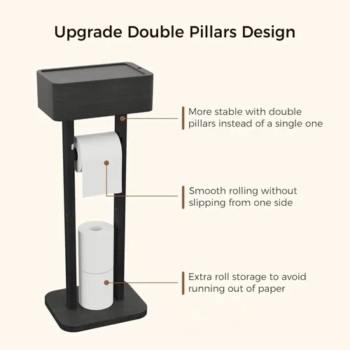 Miniatura 5 de Wealone Soporte de papel higiénico 4 en 1 negro con estante de almacenamiento, caja, rotación de 360°, bambú, papel higiénico de pie, dispensador