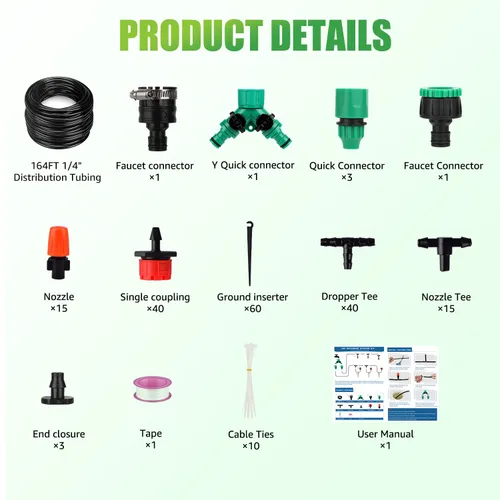 Miniatura 7 de Sistema de riego por goteo de 164 pies, sistema automático de riego de jardín de 192 piezas con rociador de boquilla de nebulización ajustable, tubo