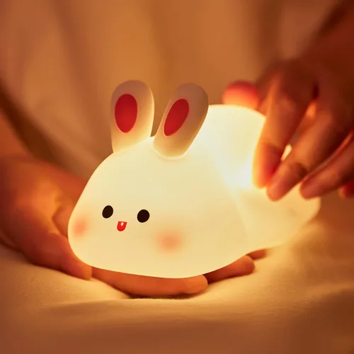 Luz Nocturna de Conejo de Cara Grande, Adorable Lámpara Nocturna LED de Conejito, Luz Nocturna de Guardería de Silicona Regulable para Niñas, Luces