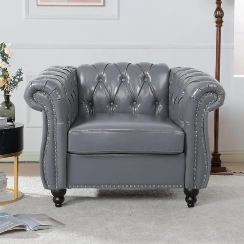 Miniatura 28 de LEVNARY Sillón tapizado de cuero, moderno sofá individual de mediados de siglo con brazos enrollados y cabeza de clavo, silla Chesterfield de piel