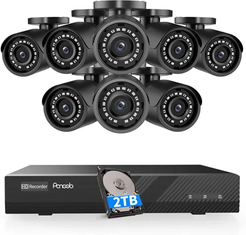 Sistema de cámara de seguridad de 8 canales, 8 cámaras de vigilancia IP PoE con cable de 5 MP para exteriores con detección humana AI, acceso