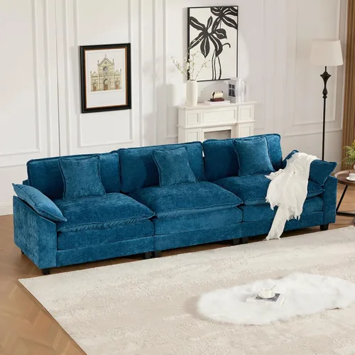 Miniatura 71 de Sofá seccional modular beige de 117.3", sofás seccionales grandes de 3 plazas para sala de estar, sofá nube oversized de tela chenille con otomana