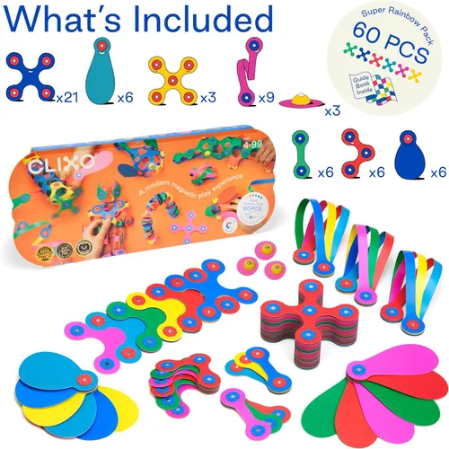 Miniatura 2 de Clixo Super Rainbow, paquete de 60 piezas, un versátil juguete magnético de construcción apto para viajes, diseño flexible para horas de diversión