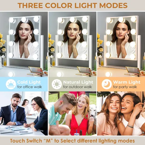 Miniatura 2 de Espejo de tocador con luces, espejo de maquillaje con 3 modos de iluminación, espejo iluminado con sensor táctil, alimentado por CA, giratorio 360°