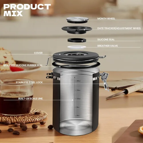 Miniatura 3 de Recipientes de café con ventana, cuchara y tapa hermética de acero inoxidable para almacenamiento de granos de café en la cocina (22 oz/negro)
