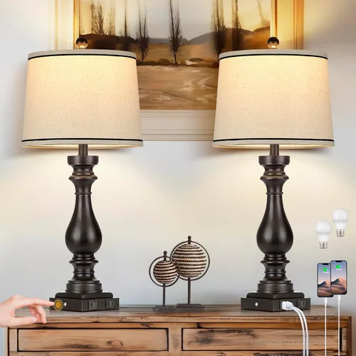 Miniatura 11 de Rinweey - Lámpara de mesa de granja de 29" para sala de estar, lámpara de mesita de noche vintage con puertos USB C+A y salida de AC, lámpara