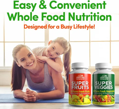 Miniatura 4 de Country Farms Suplemento de frutas y verduras, 180 cápsulas de frutas y 180 verduras, verduras y rojos llenos de superalimentos, potentes