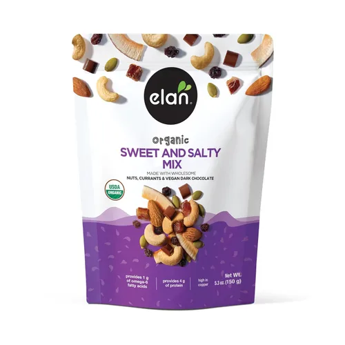 Elan Mezcla orgánica dulce y salada, 5.3 onzas, sin OMG, sin gluten, vegano, kosher, chocolate negro vegano, frutas secas (pasas, dátiles), nueces