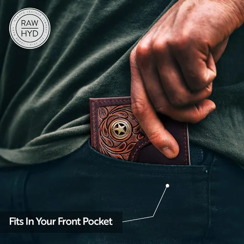 Miniatura 6 de RAW HYD Billeteras occidentales para hombre Cartera con bloqueo RFID Cartera occidental para hombre con concho Grano completo, carteras vaqueras