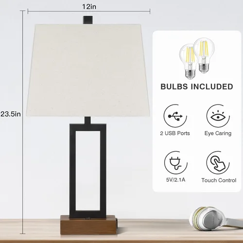 Miniatura 4 de Rinweey Juego de 2 lámparas de mesa de 23.5 pulgadas, modernas lámparas de noche negras con 2 puertos USB y salida de CA, lámparas de mesita