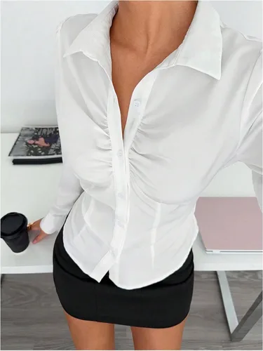 Miniatura 3 de GORGLITTER Blusa ajustada fruncida para mujer, de manga larga, con cuello, ajustada, para negocios, trabajo, casual, otoño, moda