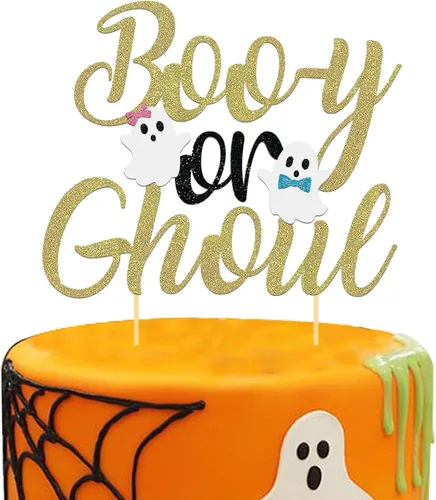 Miniatura 19 de 24 piezas de adornos de Halloween para cupcakes fantasmas, palillos de revelación de género para niños y niñas, adornos para tartas rosas y azules