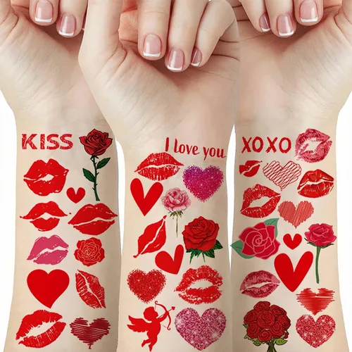 Tatuaje temporal para el día de San Valentín para adultos y niños, tatuajes falsos de labios de corazón rojo, flecha de ángel rosa, calcomanías de