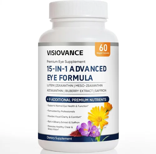 VisioVance Fórmula avanzada 15 en 1 para ojos, vitamina ocular y suplemento mineral con luteína, zinc, luteolina, zeaxantina y extracto de arándano,