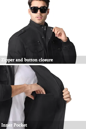 Miniatura 4 de MAGNIVIT Chaqueta cortavientos militar ligera para hombre con cuello parado, cierre frontal, 7 bolsillos - Algodón Negro