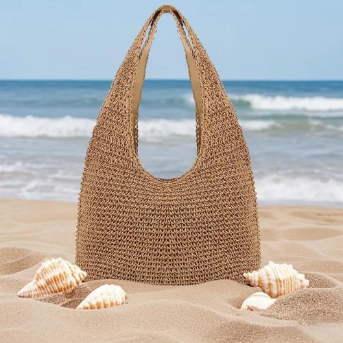 Miniatura 2 de Naimo Bolso de hombro de playa de paja para mujer, bolso grande hecho a mano, tejido a mano, bolso hobo casual de verano