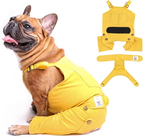 Miniatura 7 de iChoue Lindos pañales para perro con tirantes para bulldog francés, pug francés, bulldog inglés, hembra, en ciclo de calor, azul, pequeño con 1 pañal