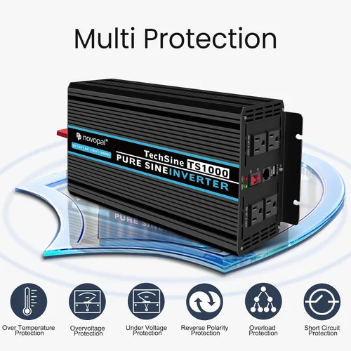 Miniatura 4 de NOVOPAL Inversor de corriente de onda sinusoidal pura de 1000 W, 1000 W, 12 V CC a 110 V 120 V CA, 4 salidas de CA, 1 puerto USB para automóvil, RV