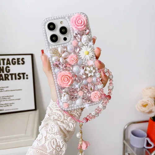 Miniatura 8 de para iPhone Xs/X Funda Bling, Funda de Lujo con Flores de Rincón de Cristal con Purpurina de Diamante y Perla para Mujeres, Niñas y Niños con Cordón