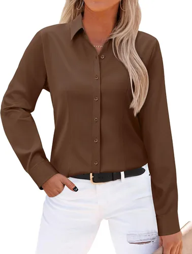 Miniatura 21 de Gleeivy - Camisas abotonadas para mujer, sin arrugas, de manga larga, camisas de vestir casuales con cuello V, ajustadas, de un solo