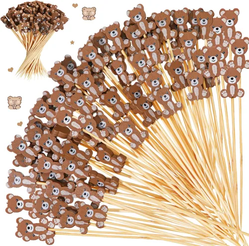 Tioncy 100 unidades de palillos de cóctel con diseño de oso, palillos de dientes de oso de 4.7 pulgadas para aperitivos, pinchos de bambú