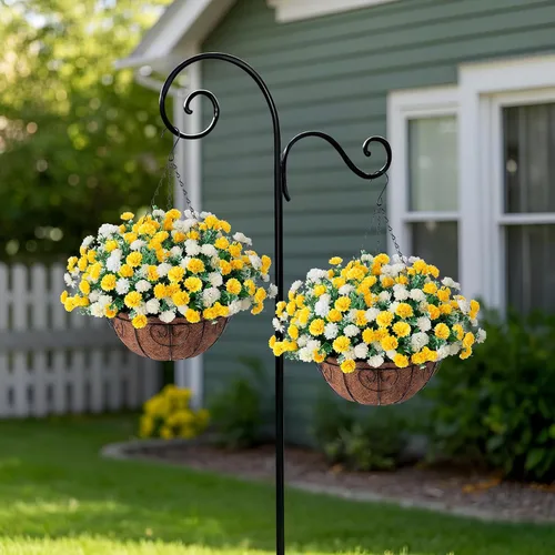 Miniatura 5 de Cesta de flores artificiales colgantes para decoración de primavera al aire libre, flores falsas de seda resistentes a los rayos UV, margaritas