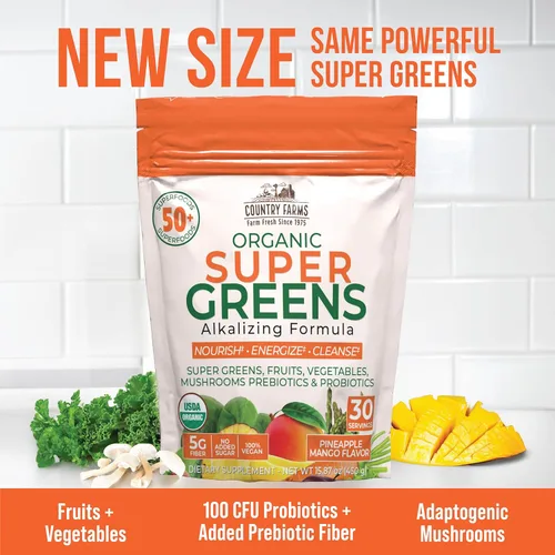 Miniatura 6 de Country Farms Super Greens Sabor piña y mango, 50 súper alimentos orgánicos, mezcla de bebida orgánica USDA (pasto de trigo, espirulina, clorella)