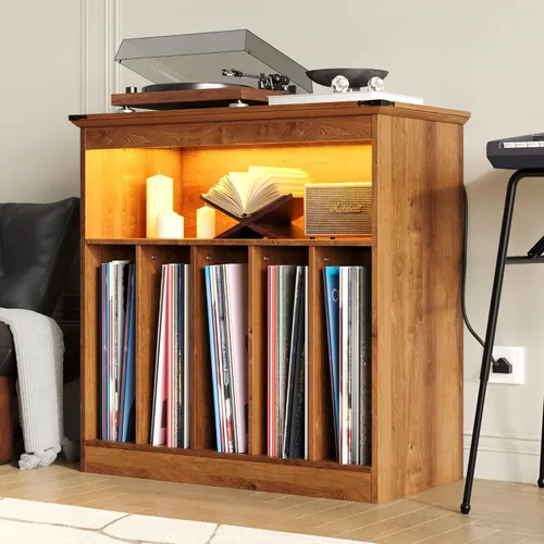 Miniatura 3 de MHOM Farmhouse - Soporte grande para tocadiscos con tomas de corriente y luces LED, soporte para discos de vinilo con capacidad para hasta 150