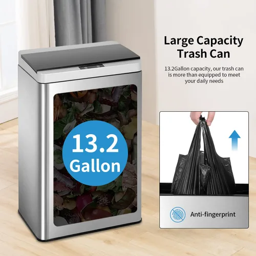 Miniatura 3 de Basurero automático de cocina de 13 galones con tapa, cubo de basura de acero inoxidable de 50 litros con sensor de movimiento y sin tacto, cubo