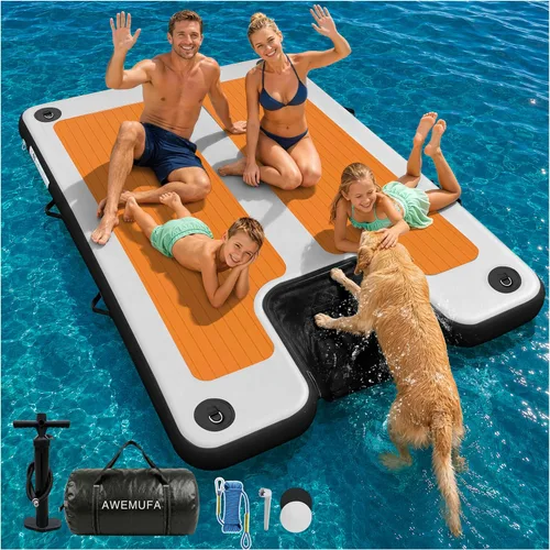 Miniatura 27 de AWEMUFA Muelle flotante inflable con rampa de 5 pies/6 pies/8 pies/10 pies, plataforma flotante flotante, tapete flotante de isla flotante, flotador