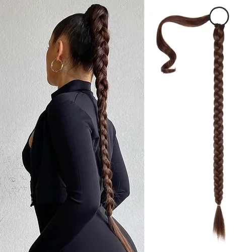 Miniatura 45 de SEIKEA - Extensión de cola de caballo trenzada larga mejorada con banda elástica lisa y mechón trenzado envolvente, color negro, 20 pulgadas