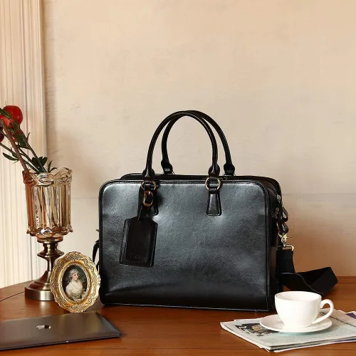 Miniatura 14 de Kattee Maletín de cuero genuino para mujer, bolsa de computadora portátil de gran capacidad con etiqueta de equipaje