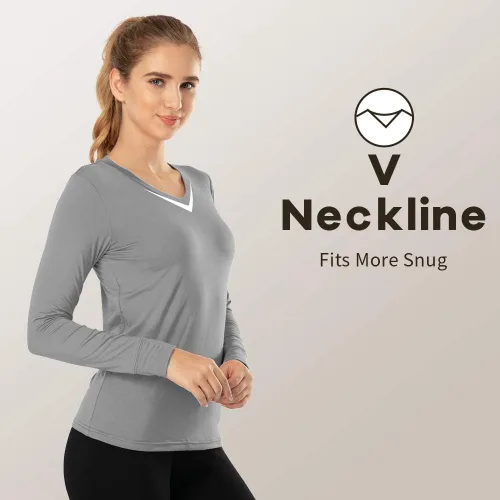 Miniatura 9 de MANCYFIT Tops térmicos para mujer, camisa con forro polar, manga larga, capa base, cuello en V