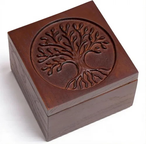 KATINAT Joyero de madera tallado a mano del árbol de la vida – Caja de almacenamiento de recuerdos artesanal, regalo decorativo hecho a mano para