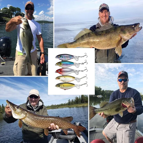 Miniatura 6 de Topwater - Señuelos de pesca para lubina, señuelos Whopper Popper con ojos 3D realistas y colas giratorias para agua dulce y salada, juego de 5