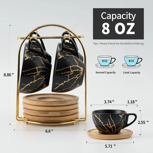 Miniatura 8 de LUKA - Juego de tazas de café de cerámica con platillos y soporte de metal, tazas de capuchino apilables de 8 onzas, taza de té para té, espresso