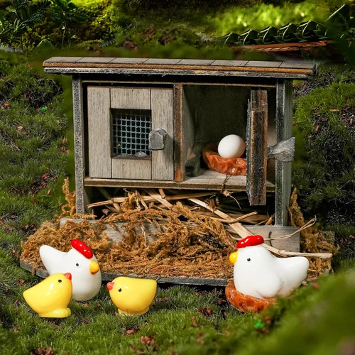 Miniatura 5 de Hiawbon Mini gallinero de madera retro en miniatura para pollo, gallinero, pollo, huevo, adorno de nido de pollo, micro paisaje, decoración