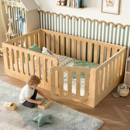 Miniatura 22 de Base de cama individual para niños, cama Montessori de metal con rieles y puerta, marco de cama de tamaño individual con barandillas