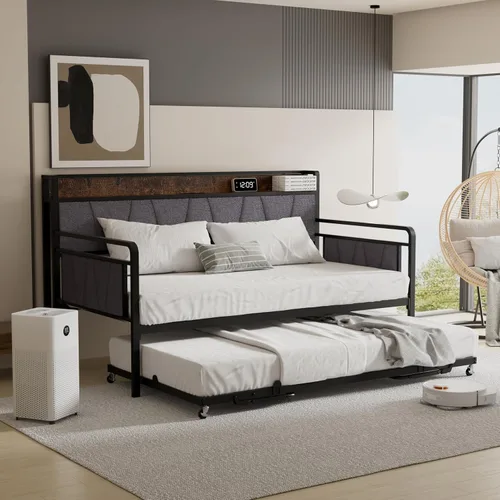 Miniatura 8 de Sofá cama individual con nido, moderno sofá cama individual, marco de cama de metal resistente con cabecera tapizada para sala de estar, dormitorio