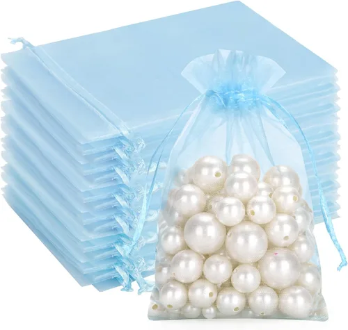 Miniatura 20 de G2PLUS Bolsas de organza con cordón de 4 x 6 pulgadas, 100 bolsas de organza azul aguamarina, bolsas de malla transparente para joyas, bolsa