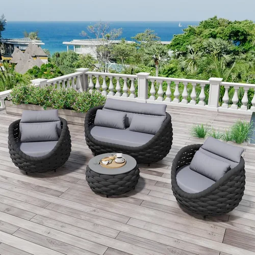 Miniatura 45 de Juego de muebles de patio de 4 piezas ensamblado, conjunto de sofá de conversación para exteriores de cuerda tejida a mano - Sofá de aluminio Cuerda