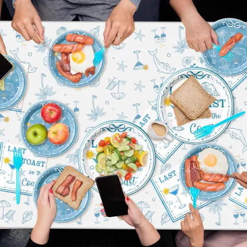Miniatura 6 de K1tpde Mantel de plástico desechable para despedida de soltera de 3 piezas con temática costera, diseño de copa de vino azul, diseño de estrella