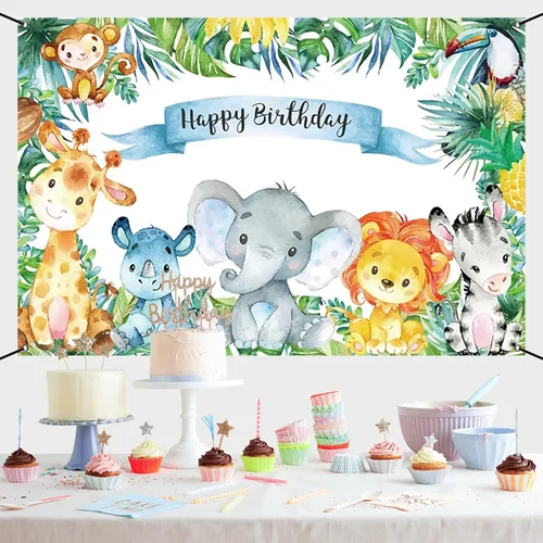 Miniatura 7 de Renaiss Cartel de feliz cumpleaños de 6 x 3.6 pies, decoración de fiesta infantil de animales salvajes de safari, selva tropical, decoración