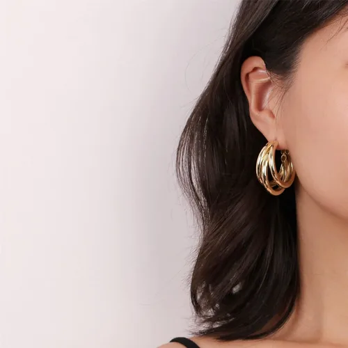 Miniatura 28 de Aretes de aro gruesos de oro para mujer, chapados en oro de 14 quilates, aretes de aro triple, hipoalergénicos, a la moda, aretes de aro gruesos