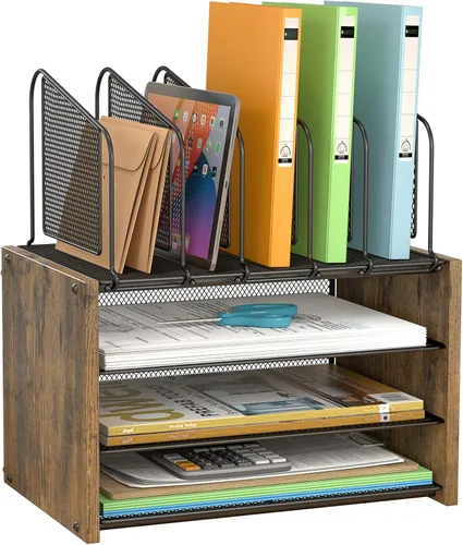 Organizador de escritorio de 4 niveles, organizador de archivos de escritorio con 5 soportes verticales para archivos, organizador de escritorio de