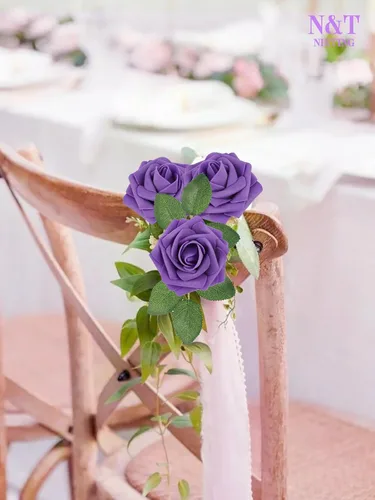 Miniatura 297 de N&T NIETING Flores artificiales, rosas artificiales de color rosa intenso, 50 piezas de flores falsas con tallo para ramos de boda DIY, centros