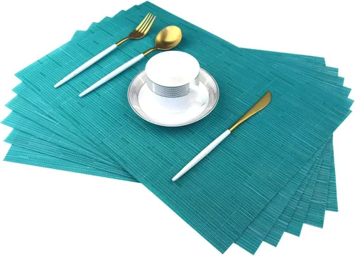 Miniatura 28 de Juego de 6 manteles individuales de plástico lavables para mesa de cocina, resistentes al calor, de vinilo tejido, para exteriores, 12 x 18 Dorado