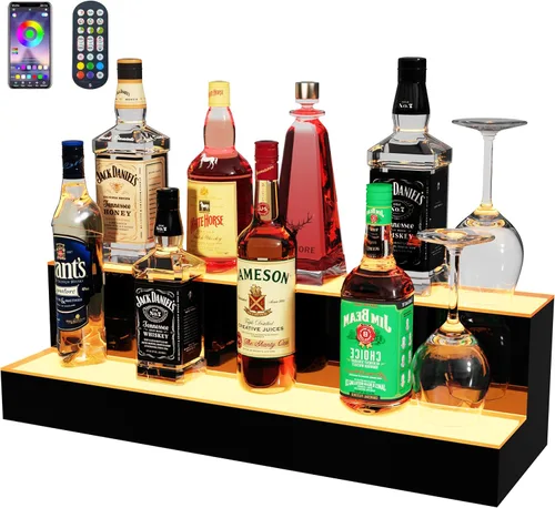 Miniatura 18 de MESAlLUP - Estante de exhibición de botellas de licor iluminado de 2 niveles de 16 pulgadas, estantes de barra LED con aplicación o control remoto